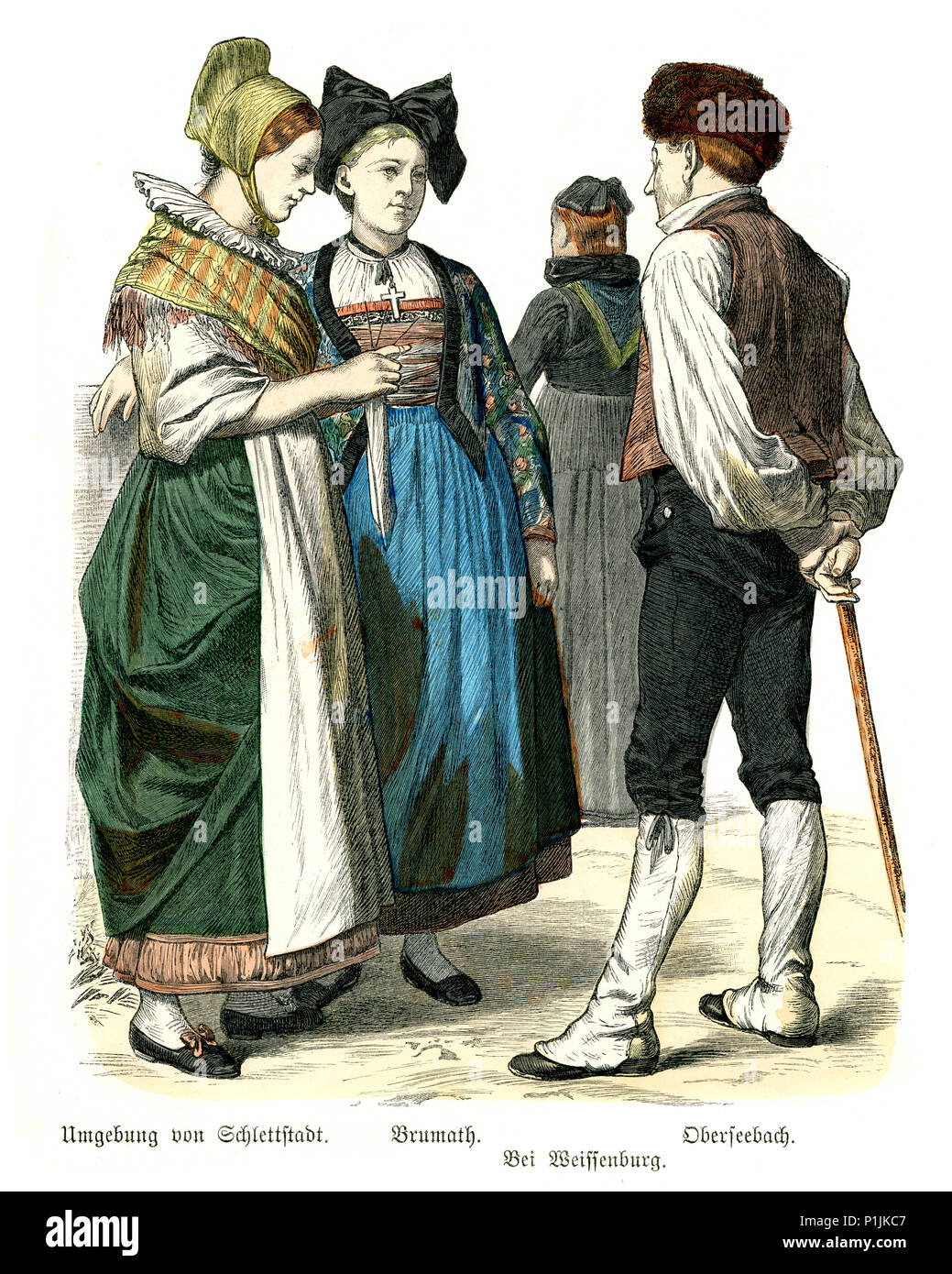 Vintage gravure d'histoire de la mode, des costumes d'Alsace, 19e siècle. Selestat, Brumath, France Banque D'Images