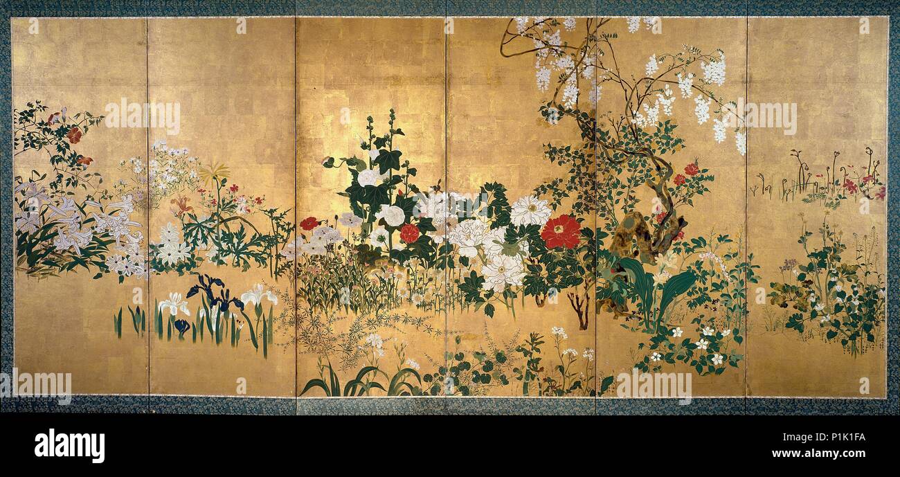 Écran avec le printemps et l'été des fleurs, début du 18e siècle. Artistes : Inconnu, Watanabe Shiko. Banque D'Images