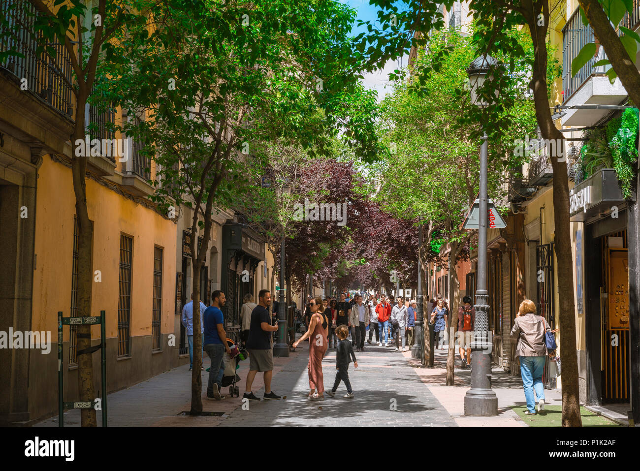 Rue Madrid Huertas, vue en été d'une rue typique bordée d'arbres dans le quartier historique de Huertas à Madrid, Espagne. Banque D'Images