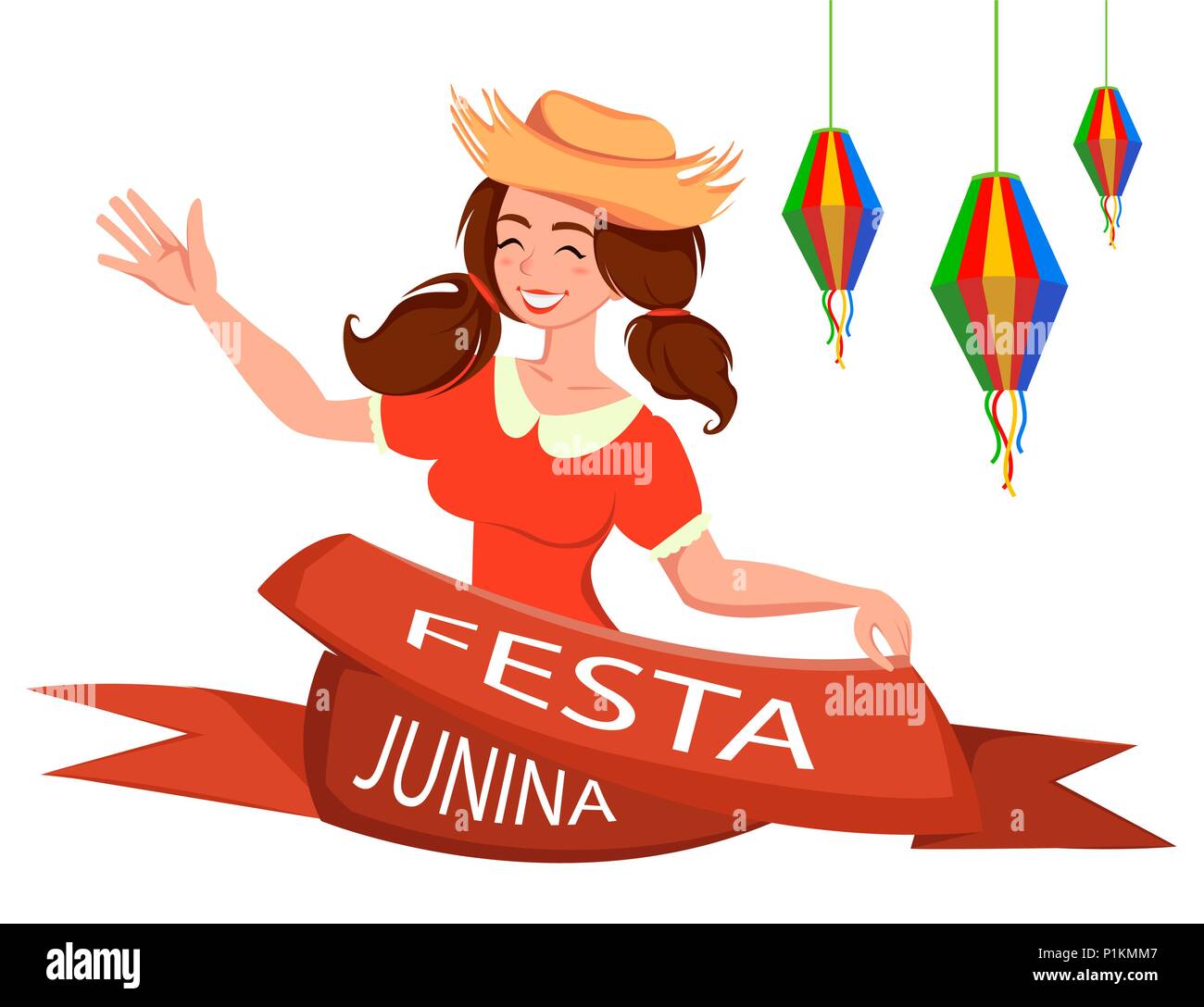 Festa Junina carte de voeux, affiche, bannière ou une invitation. Brésil Juin festival, dame joyeuse en agitant la main. Vector illustration Illustration de Vecteur