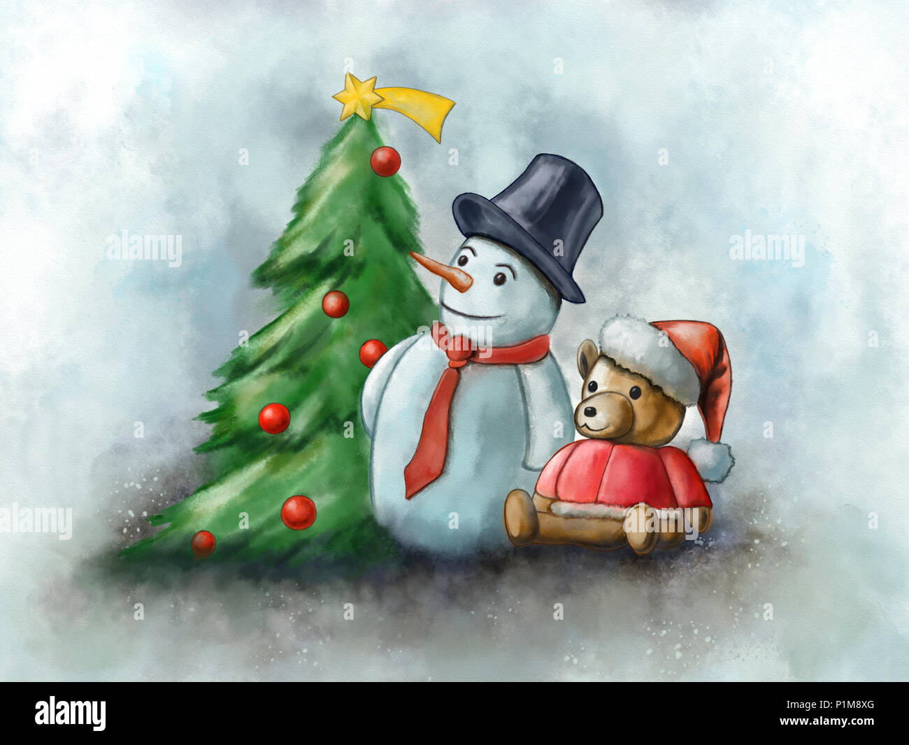 Bonhomme de neige et ours en peluche dans une composition de Noël. Aquarelle numérique. Banque D'Images