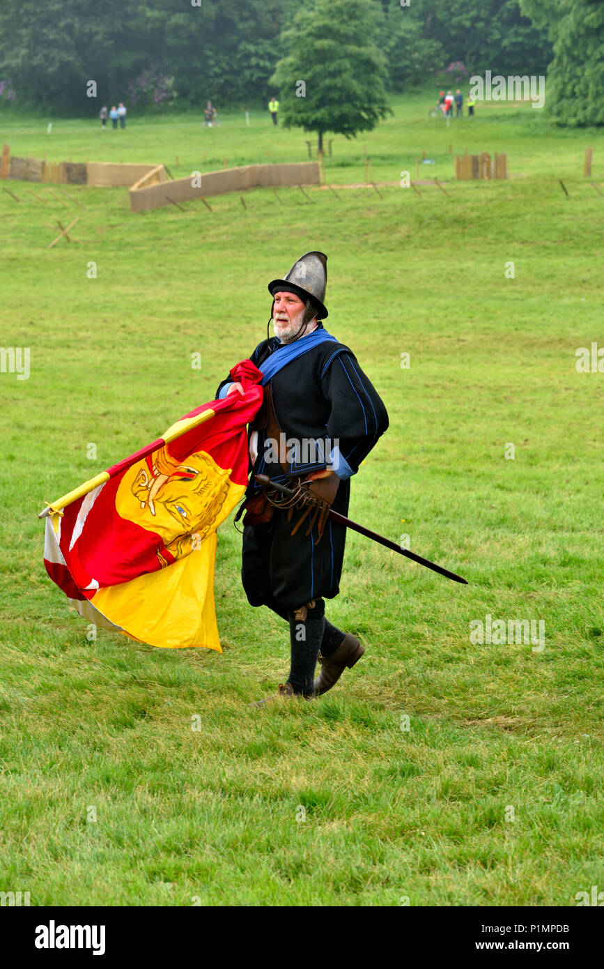 L'homme en costume du 17ème siècle portant le drapeau de combat royaliste en guerre civile anglaise reenactment Banque D'Images
