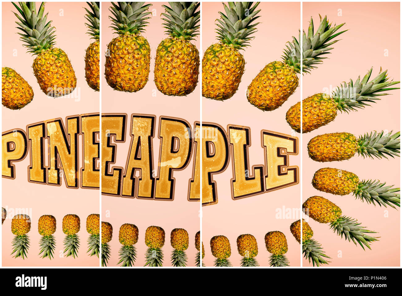 Montage avec ananas ananas entier et de l'ombre portée d'une taille variable texte environnant 'Ananas' sur fond rose clair. Des effets de filtre. Banque D'Images