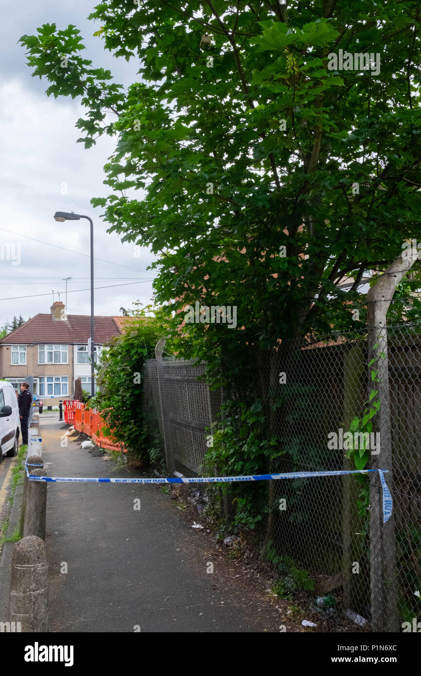 South Harrow, Londres, Angleterre. 12 juin 2018. Recherche d'indices de la police et de protéger les lieux de l'incident de violence la plus récente de Harrow, contribuant à la taux de crimes de violence continue à Londres. L'emplacement est très proche de poignarder un récent de 17 ans et fait partie de la même enquête. La police serait seulement dire que quelqu'un avait été très gravement blessé. Ils ont entrepris une recherche de pointe du doigt la scène du crime sur Roxeth Green Avenue, South Harrow. © Tim crédit Ring/Alamy Live News Banque D'Images