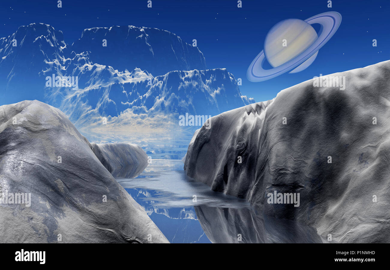 Saturne vu de l'une de ses lunes , Titan. Banque D'Images