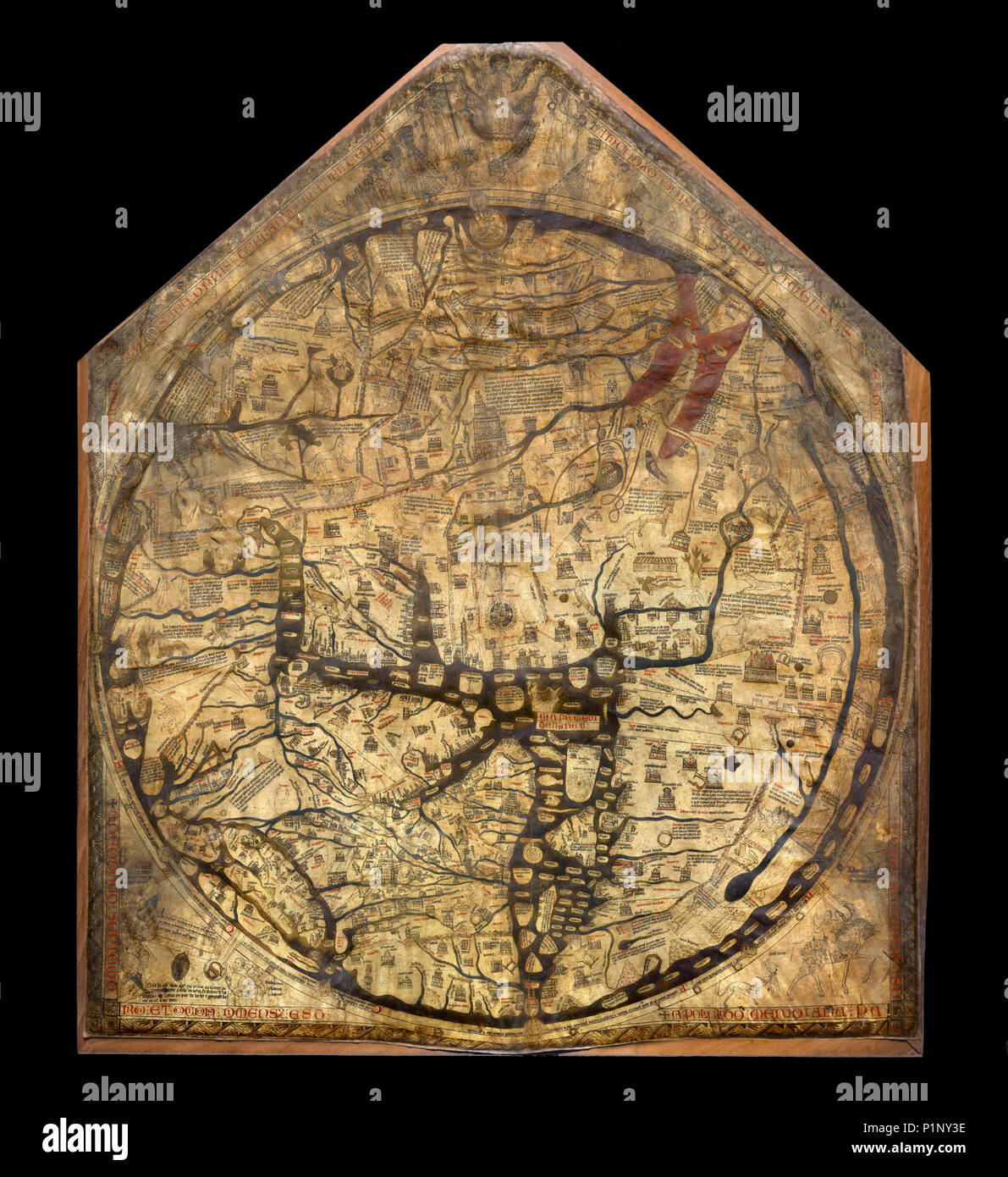 Mappa Mundi dans la Cathédrale de Hereford, Angleterre, Royaume-Uni. La carte date de c.1300 et est le plus grand site médiéval existe. Banque D'Images