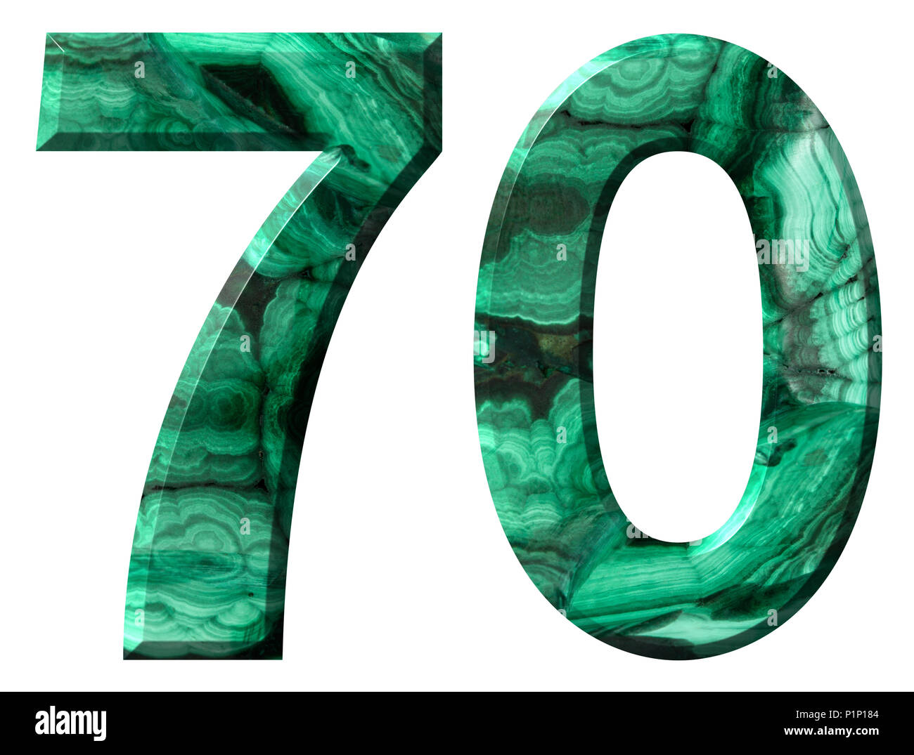 Chiffre arabe 70, soixante-dix, à partir de la malachite vert naturel, isolé sur fond blanc Banque D'Images