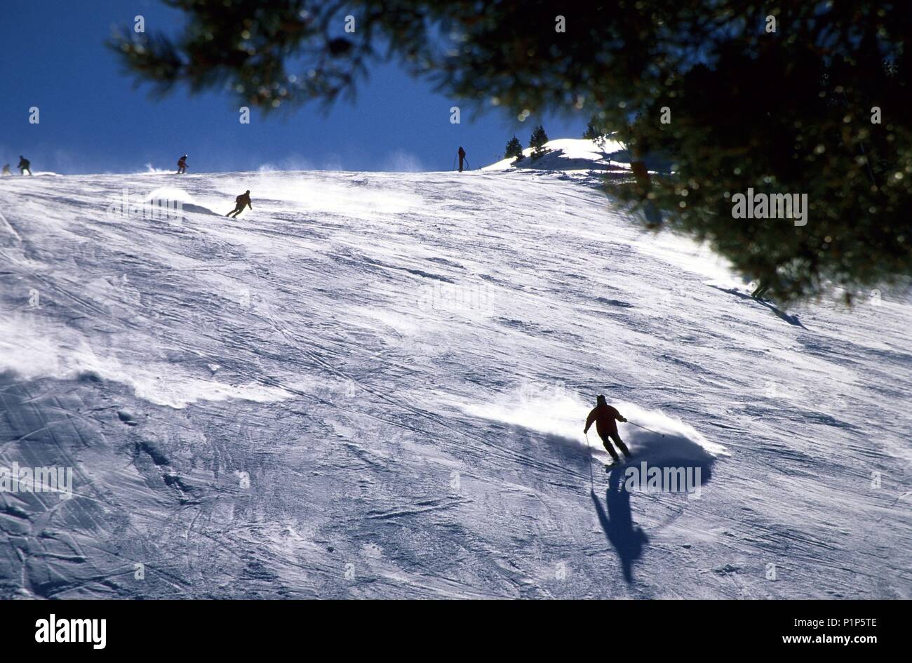 Estacion de ski de 'La Molina' ; motores y Nieve sobre esquiadores polvo ''. Banque D'Images