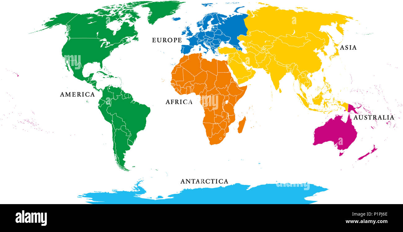 Six Continents, carte du monde politique, avec des frontières. Afrique, Amérique, Antarctique, Asie, Australie et Europe. Projection Robinson. L'étiquetage en anglais. Banque D'Images