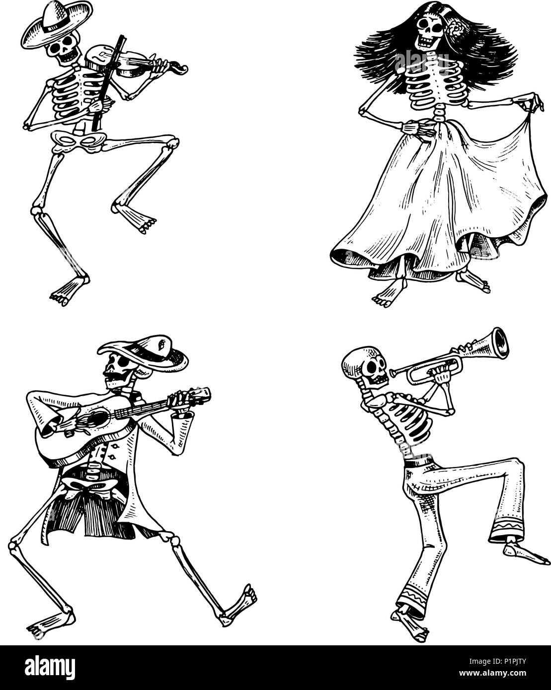 Le Jour des morts. Fête nationale mexicaine. L'inscription originale en espagnol Dia de los Muertos. Costumes de danse, de squelettes à jouer du violon, de la trompette et de la guitare. Croquis dessinés à la main, gravée. Illustration de Vecteur