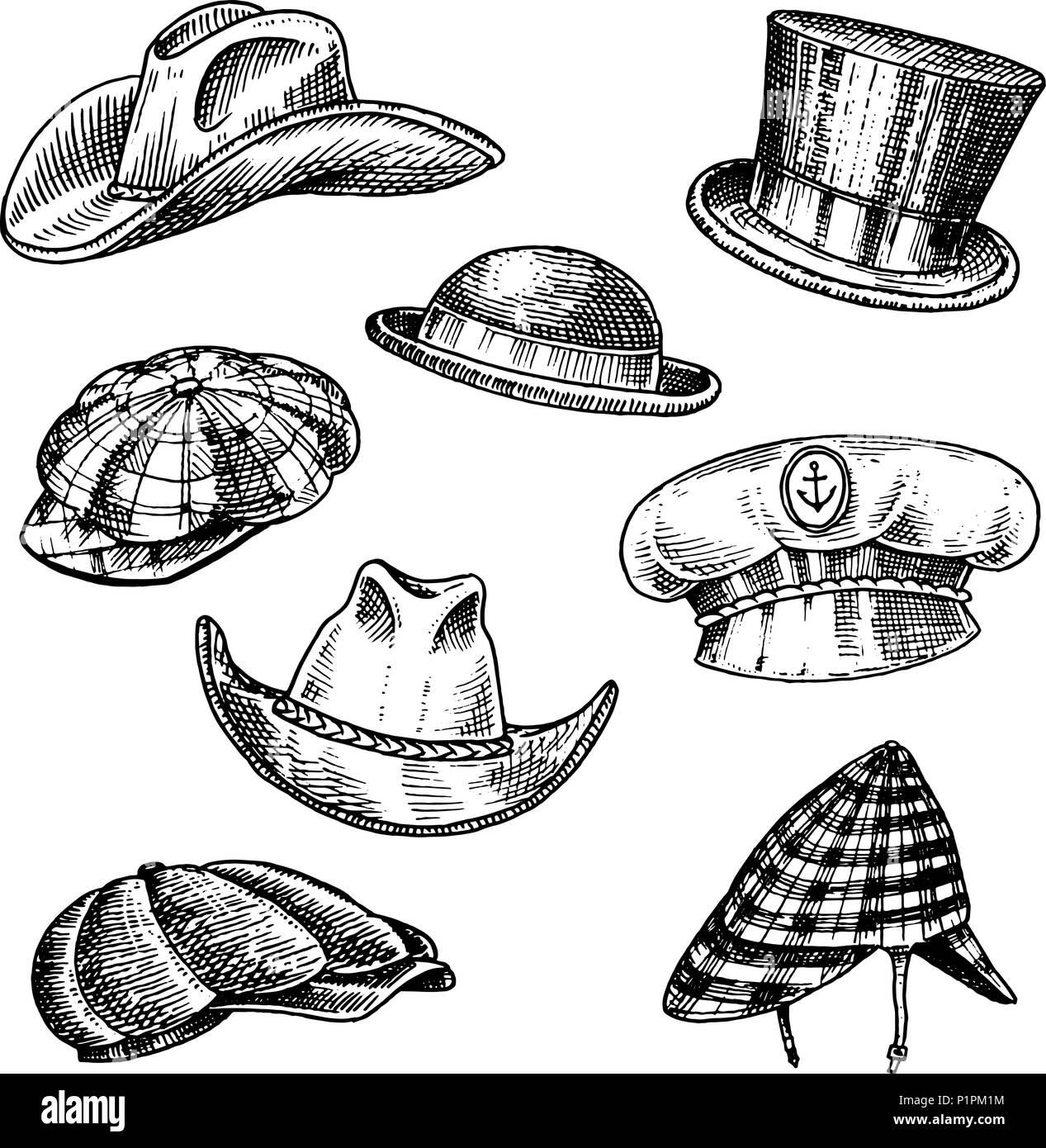 Chapeaux d'été vintage collection pour hommes élégants. Homburg Deerstalker Derby Fedora Paille Melon Beret Cowboy Capitaine plaisancier Porkpie casquette. Mode rétro set. Style anglais. Croquis dessinés à la main. Illustration de Vecteur