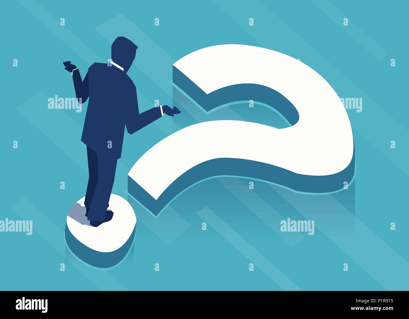 Vector illustration of businessman standing on point d'interrogation dans perplexion. Illustration de Vecteur