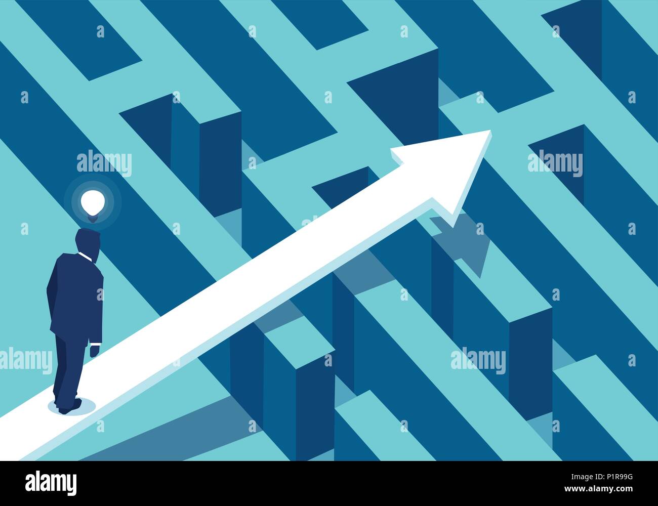 Vector illustration of businessman dans la perplexité, debout près de la flèche suivant labyrinthe à succès. Illustration de Vecteur