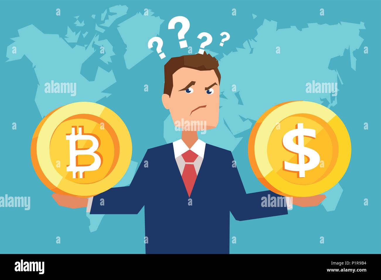 Style plat photo of businessman holding pièce d'un dollar et à bitcoin confondus avec les finances. Illustration de Vecteur