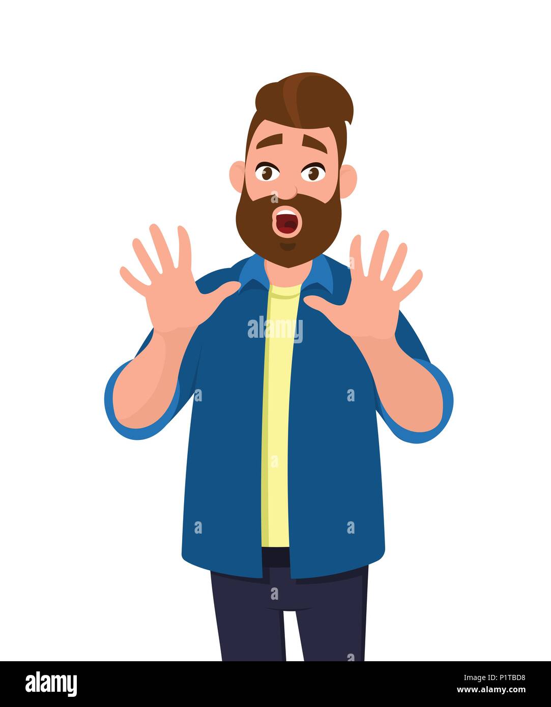 L Homme Effraye A L Expression Sur Son Visage Faisant Peur Geste Avec Ses Mains Comme S Il Essayait De Se Defendre Lui Meme De Quelqu Un Jeune Homme Faisant Une Peur Image Vectorielle Stock Alamy