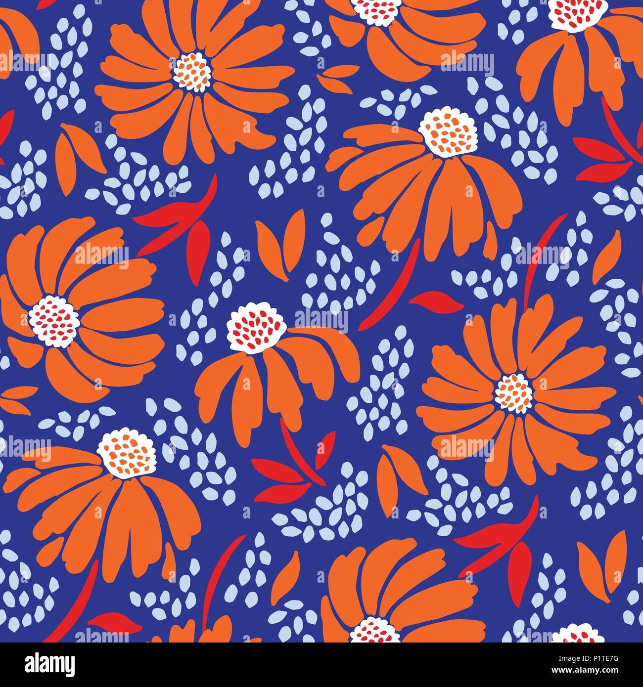 Grande échelle graphique audacieux vecteur floral seamless pattern. Surdimensionné simpliste à la main de fleurs de camomille bleu orange sur fond texturé. Illustration de Vecteur