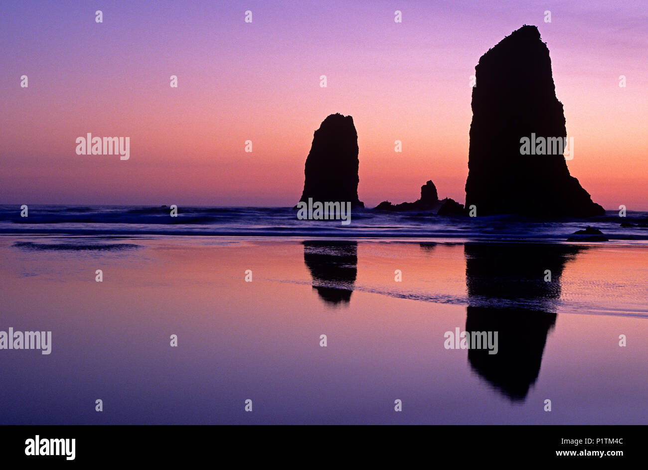 La silhouette rock formations les aiguilles avec les bassins de marée au coucher du soleil du nord de Cannon Beach Oregon Coast Oregon State USA Banque D'Images
