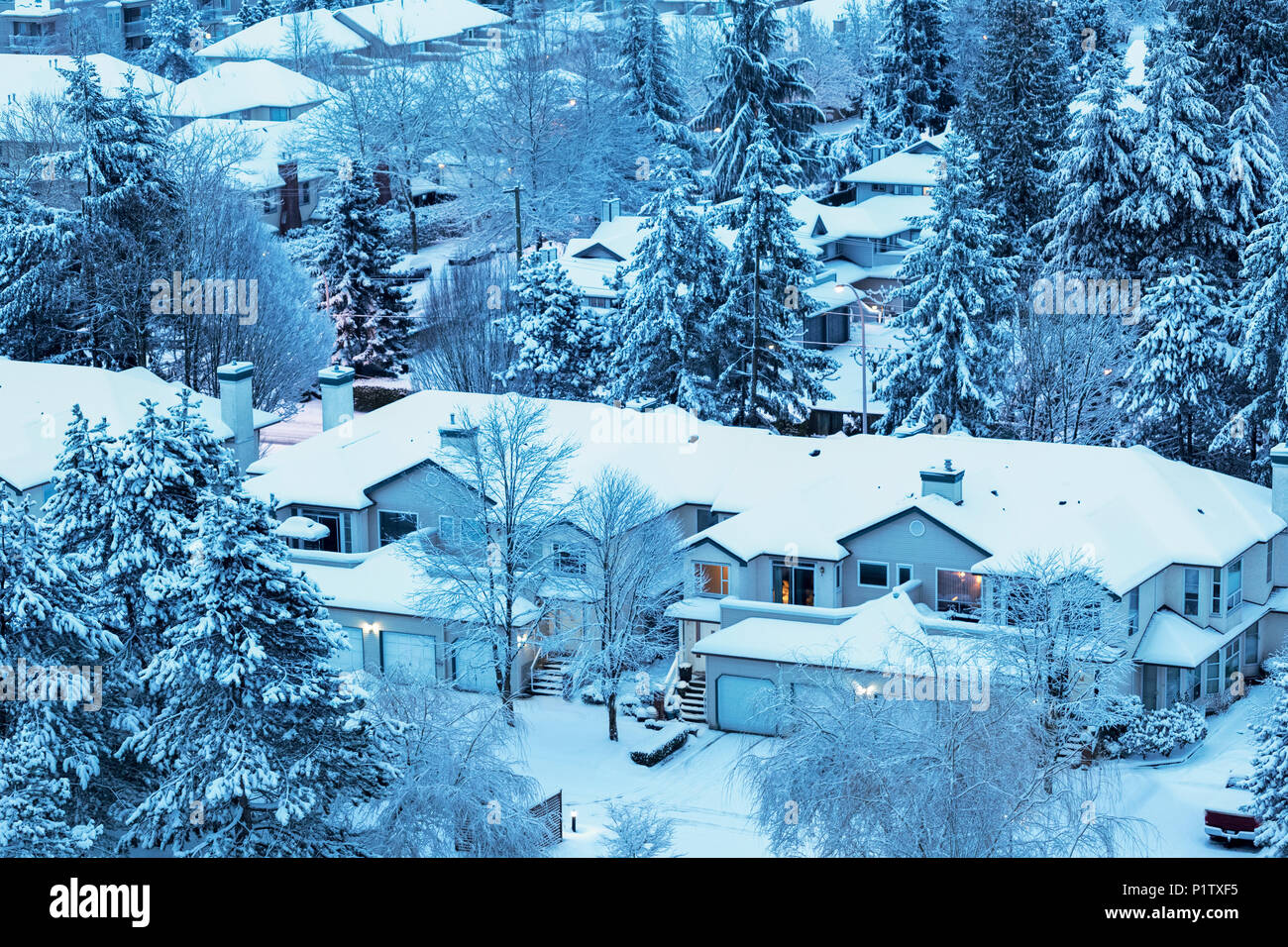 La neige couvrant les toits de maison et des maisons en hiver, de Surrey, Colombie-Britannique, Canada Banque D'Images