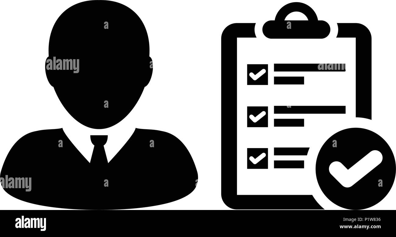 Icône projet vector personne de sexe masculin avatar profil liste de contrôle d'étude avec le document rapport et symbole d'activation en couleur plate illustration pictogramme glyphe Illustration de Vecteur