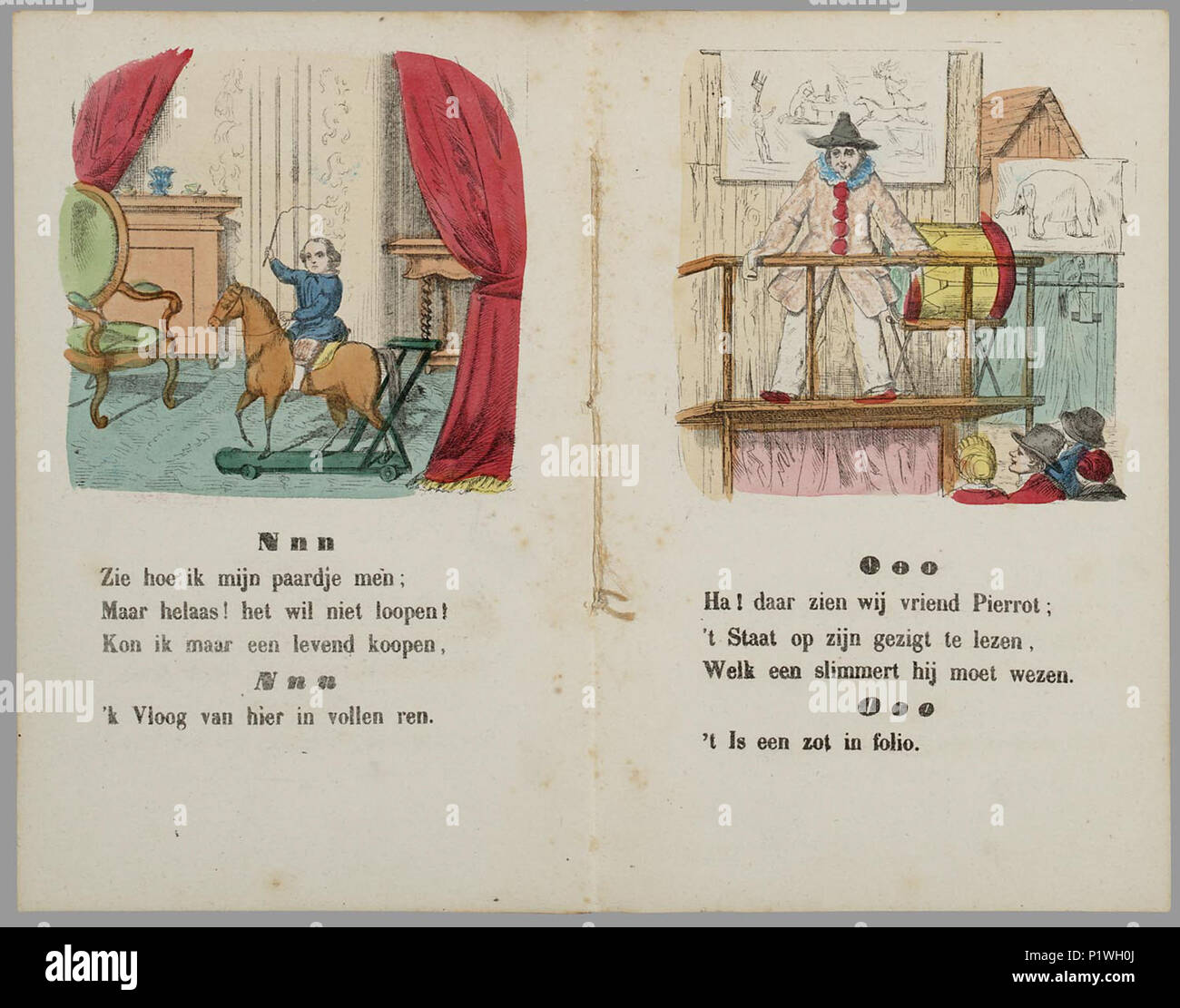 . Nieuw AB boek naar een oud en rijmpje op een aardig melodi (1856) / J. porte Schenkman ; 26 prentjes. Abc-boek waarvan de tekst gezongen diende te worden, op de wijze van de muziek achterin. Elke bij staat lettre lettre de maal drie is afgedrukt : a a a, dan 3 regels op rijm, weer de drie lettres en dan de slotregel. Soms wordt een naam in het alfabet gebruikt', soms est de lettre alleen voor het rijm près gebruikt' : Z z z dit 's de winkel van Annet enz. Bevat visuels van een aanspreker, een jager, een jongen in een klem, huiswerk maken, dansen, spel, een een stoomboot stoomtrein, Pie Banque D'Images