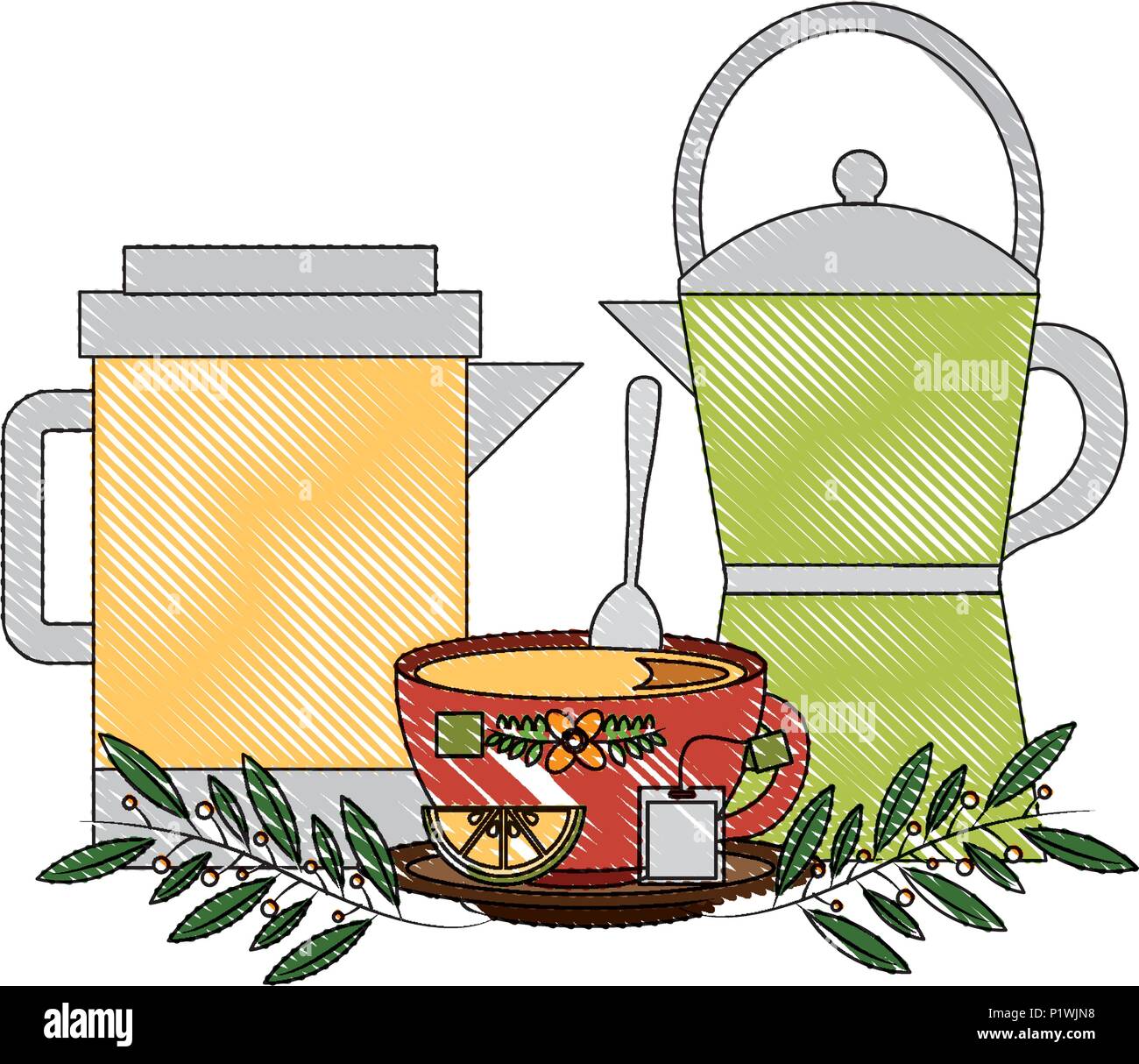 Cafetiere Et Theiere Avec Tasse De The Citron Coupe Dessin Illustration Vectorielle Image Vectorielle Stock Alamy