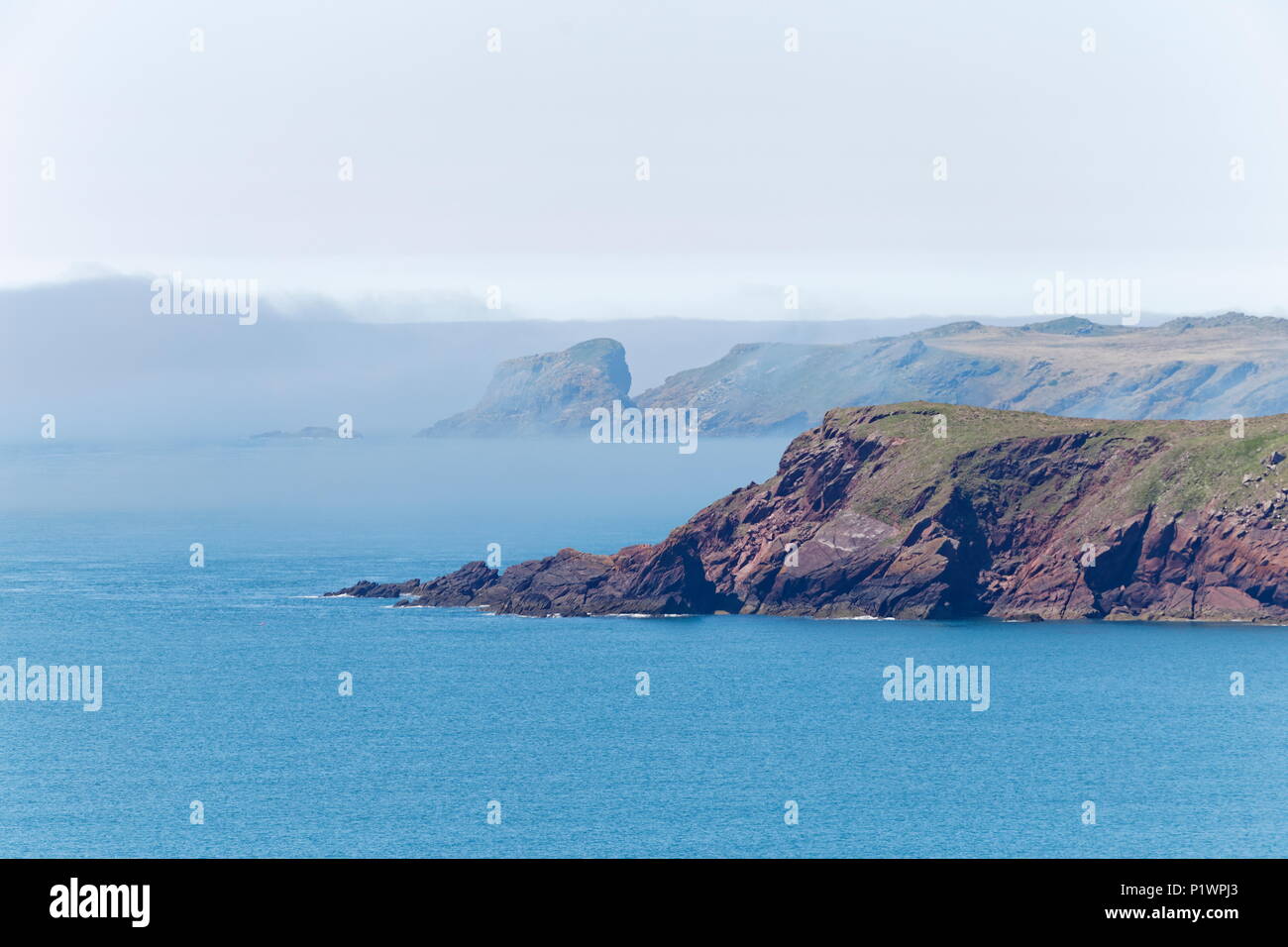 En regardant vers l'île de Skomer Island et Gateholm dans sea mist Pembrokeshire Wales Pembrokeshire Coast Path Banque D'Images