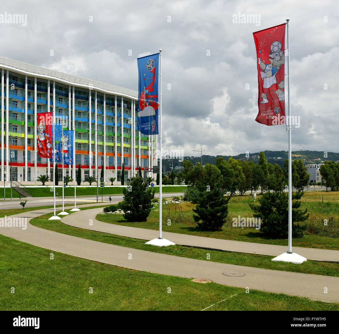 Sotchi, Russie - 2 juin. En 2018. Drapeaux dédié à la coupe du monde de la FIFA dans le Parc olympique Banque D'Images