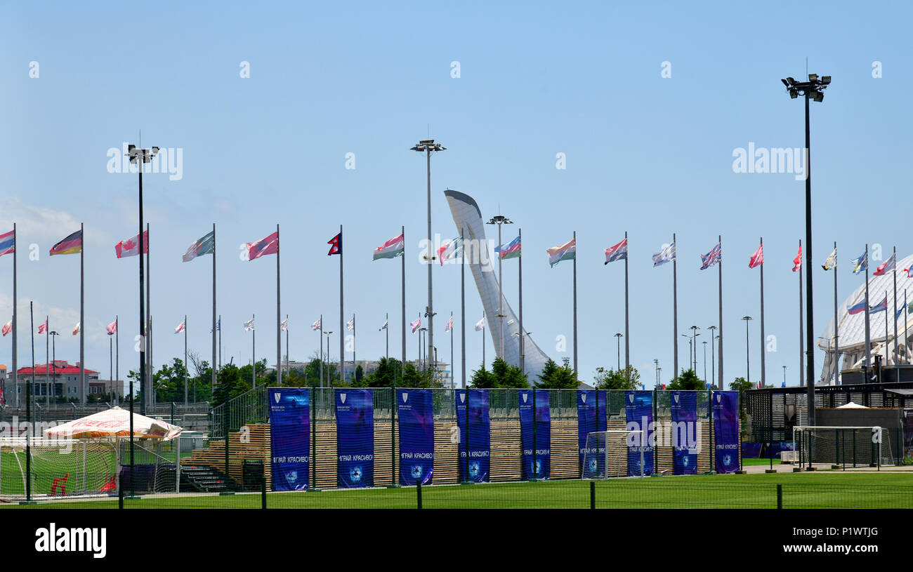 Sotchi, Russie - 2 juin. En 2018. Drapeaux dédié à la coupe du monde de la FIFA dans le Parc olympique Banque D'Images