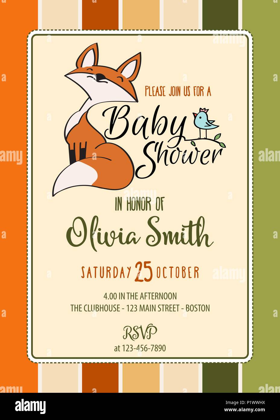 Carte de douche de bébé avec mignon fox,personnalisable, version 5 x 7 pouces Illustration de Vecteur