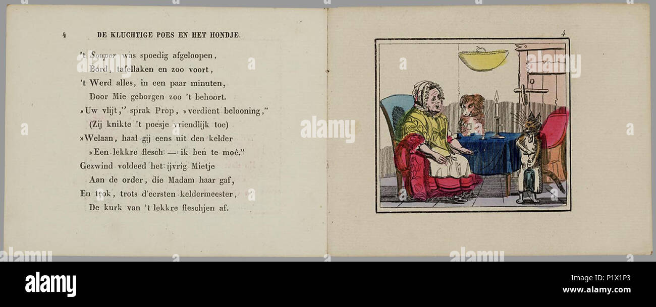 . De kluchtige les pde en het hondje : een van de kluchtige tegenhanger paa en het poesje porte / J.F.L. Müller. Prentenboekje oblongue rencontré 16 handgekleurde gravure-achtige visuels (volgens Lust en regards litho's) plus Grootje Prop die samen rencontré haar hond Bruin Brak en kat Graauw Mietje Een huis woont. De kat doet het huishouden, drinkt uit 'een lekker" fleschjen en rijdt op de rug van de hond, speelt kaart en danst met de hond, scheert de hond en verkleedt zich als dame. 16 p., 16 pl. bl : handgekl. mauvais // De keerzijde der illustraties est onbedrukt // Vert. van : Dame Trot et son comique Banque D'Images
