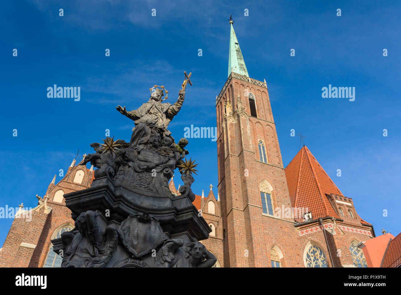 Statue de saint Jean Népomucène, monument du 18ème siècle et la cathédrale de St Jean le Baptiste au fond, Wroclaw, Pologne. Banque D'Images