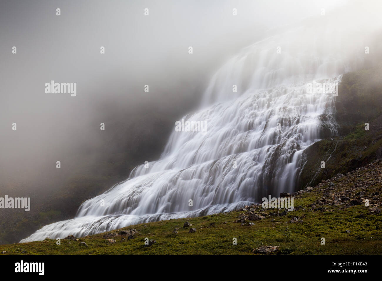 Chutes de la rivière plus Dynjandisa Dynjandi (Fjallfoss) cascade, à l'ouest de l'Islande, Islande Banque D'Images