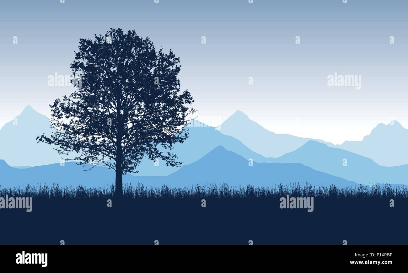 Arbre à feuilles caduques dans l'herbe avec les montagnes bleues à l'arrière-plan, sous le ciel du matin - vector Illustration de Vecteur