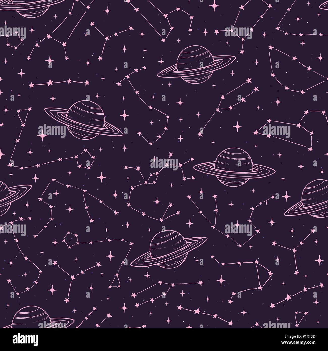 Vector pattern avec seamlesss constellations du zodiaque et planètes Saturne contours en rose pastel sur le fond sombre. La main backdro cosmique Illustration de Vecteur