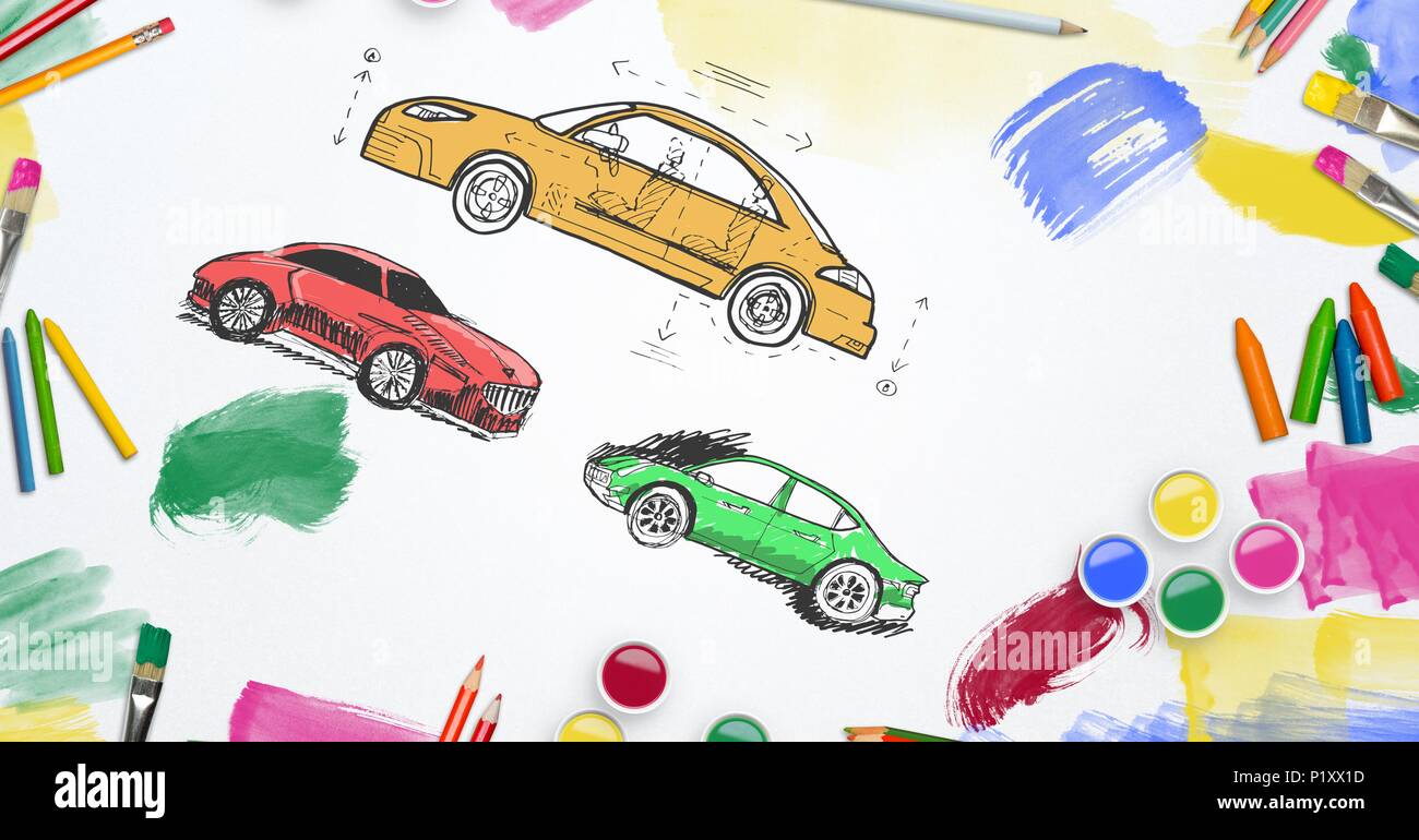 Croquis du dessin à la main des voitures et de la création d'objets d'art. Banque D'Images