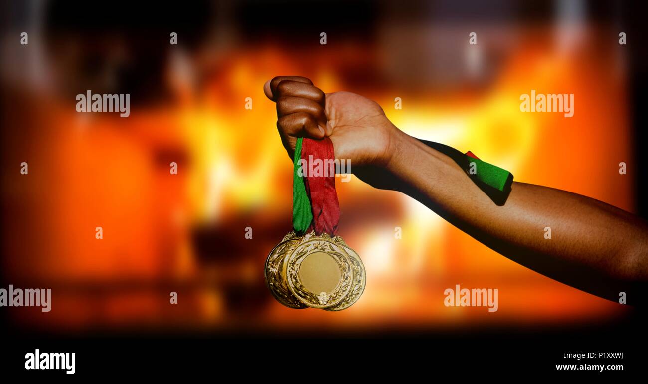 Médaille sportive champion et un feu brûlant Banque D'Images
