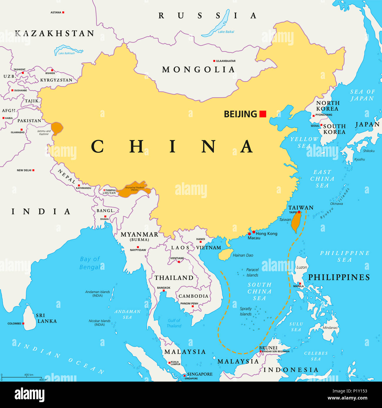 République populaire de Chine, République populaire, une carte politique. Zone contrôlée par la Chine en jaune, et réclamé, mais les régions non contrôlées en orange. Banque D'Images