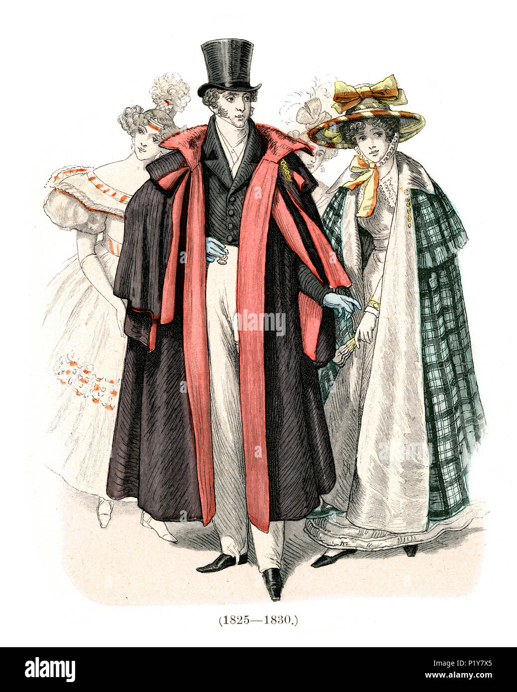 Vintage gravure d'histoire de la mode, des costumes de l'Allemagne au début  du xixe siècle. L'homme de la haute société à cape et chapeau, les femmes  en chapeau et manteau pour 1825