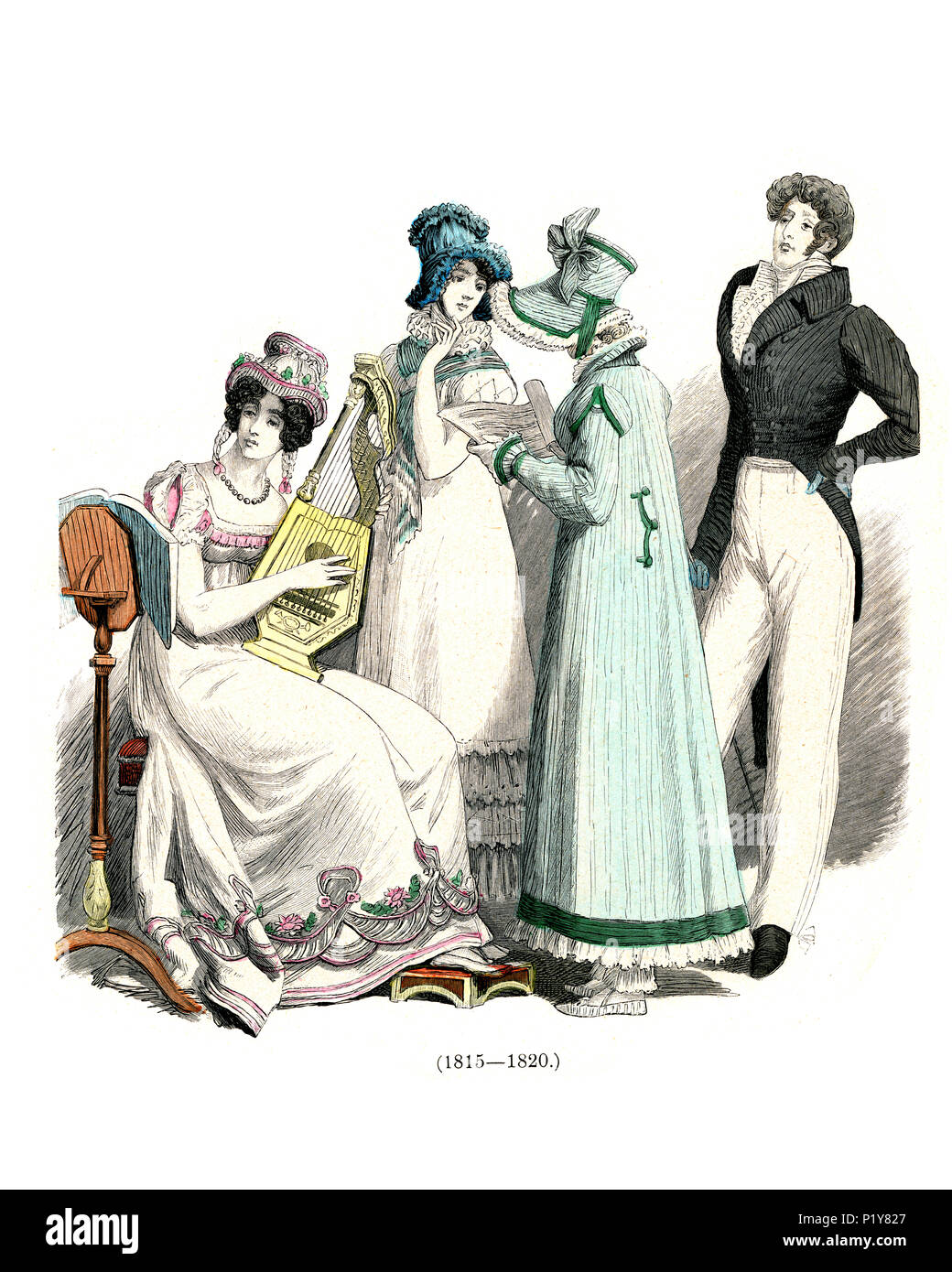 Vintage gravure d'histoire de la mode, des costumes de l'Allemagne au début du xixe siècle. Haute société mens womens et costumes, 1815 à 1820 Banque D'Images