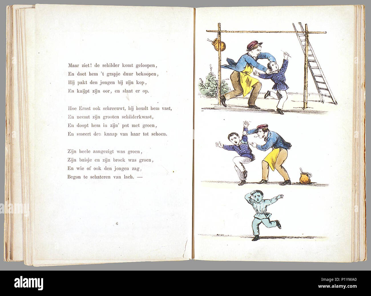 . Prentenboek als een nieuw aardig op het vervolg beroemde Hoogduitsche kinderwerk 'Der' Struwwelpeter voor Nederlandsche jongens en meisjes bewerkt / W.P. porte Razoux. Heruitgave in a general sense rencontré nieuwe illustraties die met de côté ingekleurd zijn. // Heruitgave 20 p., 16 pl. bl : handgekl. lith // Datering : niet dans Rühle : c'Kinder, schatting van Theo Gielen // Twee verhalen (de vliegende Robert en Hans Kijk-en-de-lucht) komen uit de Duitse versie 2e uit 1858 van Der Struwwelpeter de Heinrich Hoffmann, de andere verhalen uit 'Der Grüne Bub' // De keerzijde van de illustraties est onbedrukt // B Banque D'Images