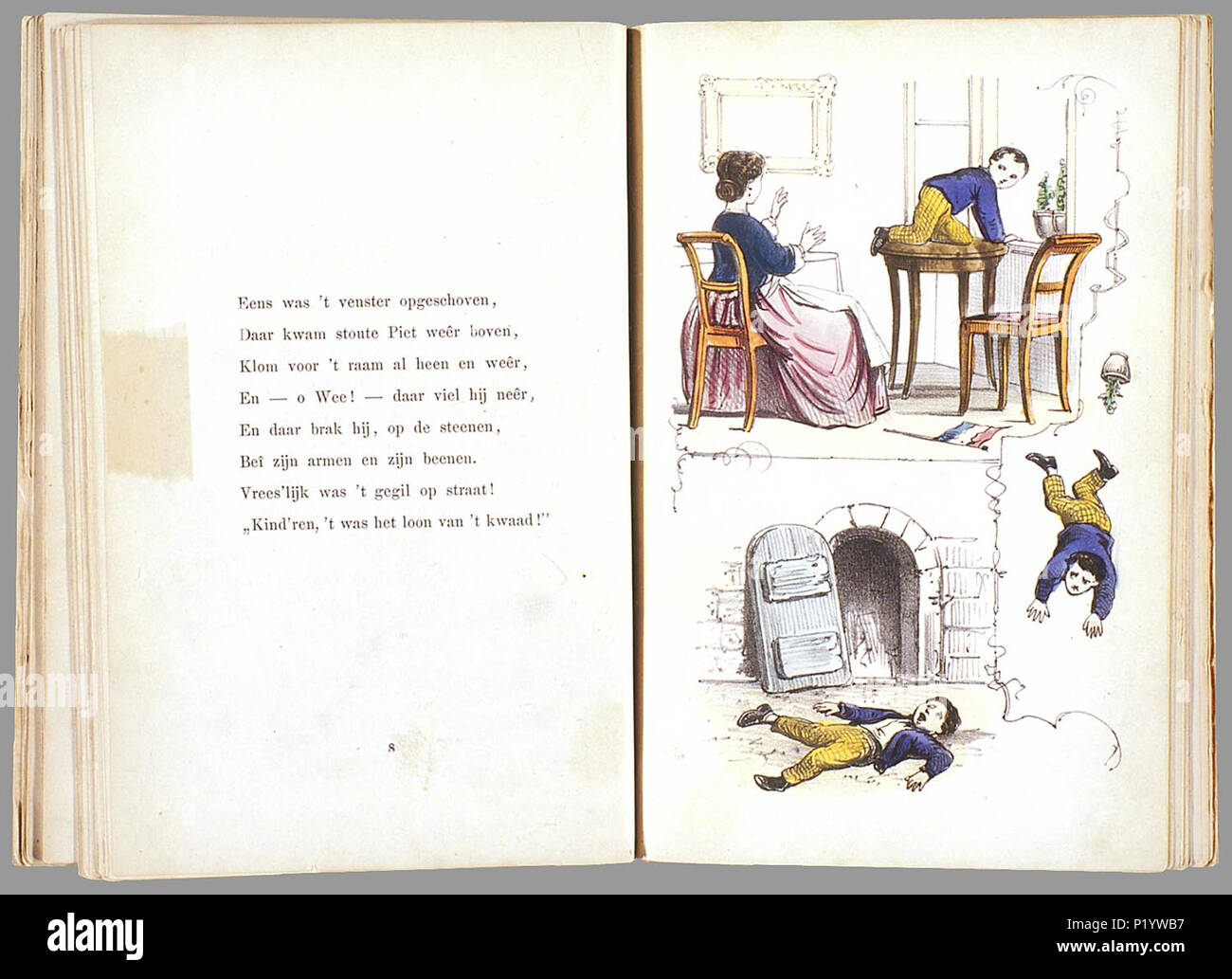 . Prentenboek als een nieuw aardig op het vervolg beroemde Hoogduitsche kinderwerk 'Der' Struwwelpeter voor Nederlandsche jongens en meisjes bewerkt / W.P. porte Razoux. Heruitgave in a general sense rencontré nieuwe illustraties die met de côté ingekleurd zijn. // Heruitgave 20 p., 16 pl. bl : handgekl. lith // Datering : niet dans Rühle : c'Kinder, schatting van Theo Gielen // Twee verhalen (de vliegende Robert en Hans Kijk-en-de-lucht) komen uit de Duitse versie 2e uit 1858 van Der Struwwelpeter de Heinrich Hoffmann, de andere verhalen uit 'Der Grüne Bub' // De keerzijde van de illustraties est onbedrukt // B Banque D'Images