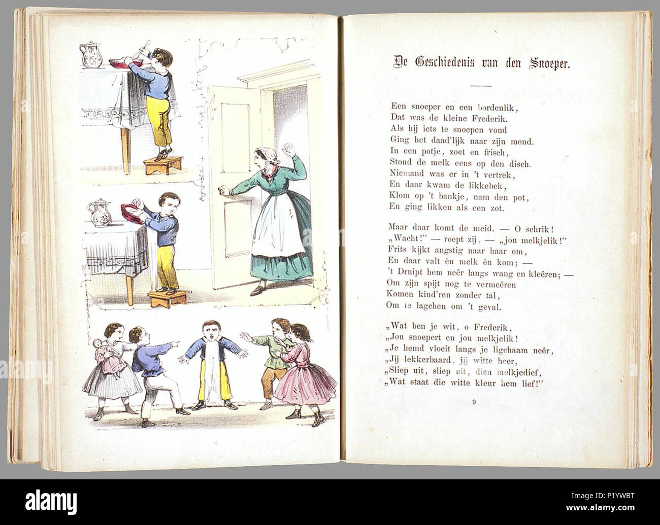 . Prentenboek als een nieuw aardig op het vervolg beroemde Hoogduitsche kinderwerk 'Der' Struwwelpeter voor Nederlandsche jongens en meisjes bewerkt / W.P. porte Razoux. Heruitgave in a general sense rencontré nieuwe illustraties die met de côté ingekleurd zijn. // Heruitgave 20 p., 16 pl. bl : handgekl. lith // Datering : niet dans Rühle : c'Kinder, schatting van Theo Gielen // Twee verhalen (de vliegende Robert en Hans Kijk-en-de-lucht) komen uit de Duitse versie 2e uit 1858 van Der Struwwelpeter de Heinrich Hoffmann, de andere verhalen uit 'Der Grüne Bub' // De keerzijde van de illustraties est onbedrukt // B Banque D'Images