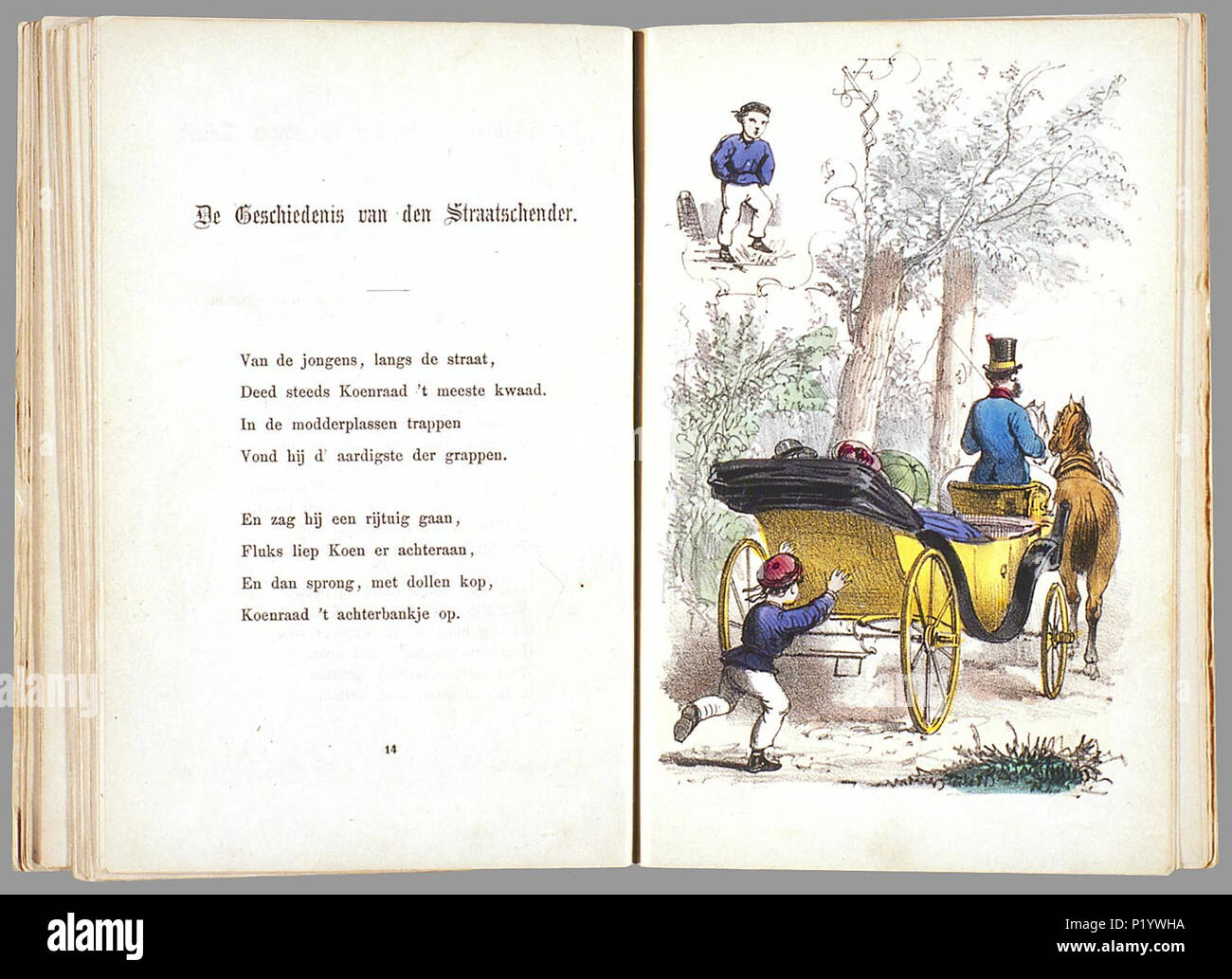 . Prentenboek als een nieuw aardig op het vervolg beroemde Hoogduitsche kinderwerk 'Der' Struwwelpeter voor Nederlandsche jongens en meisjes bewerkt / W.P. porte Razoux. Heruitgave in a general sense rencontré nieuwe illustraties die met de côté ingekleurd zijn. // Heruitgave 20 p., 16 pl. bl : handgekl. lith // Datering : niet dans Rühle : c'Kinder, schatting van Theo Gielen // Twee verhalen (de vliegende Robert en Hans Kijk-en-de-lucht) komen uit de Duitse versie 2e uit 1858 van Der Struwwelpeter de Heinrich Hoffmann, de andere verhalen uit 'Der Grüne Bub' // De keerzijde van de illustraties est onbedrukt // B Banque D'Images