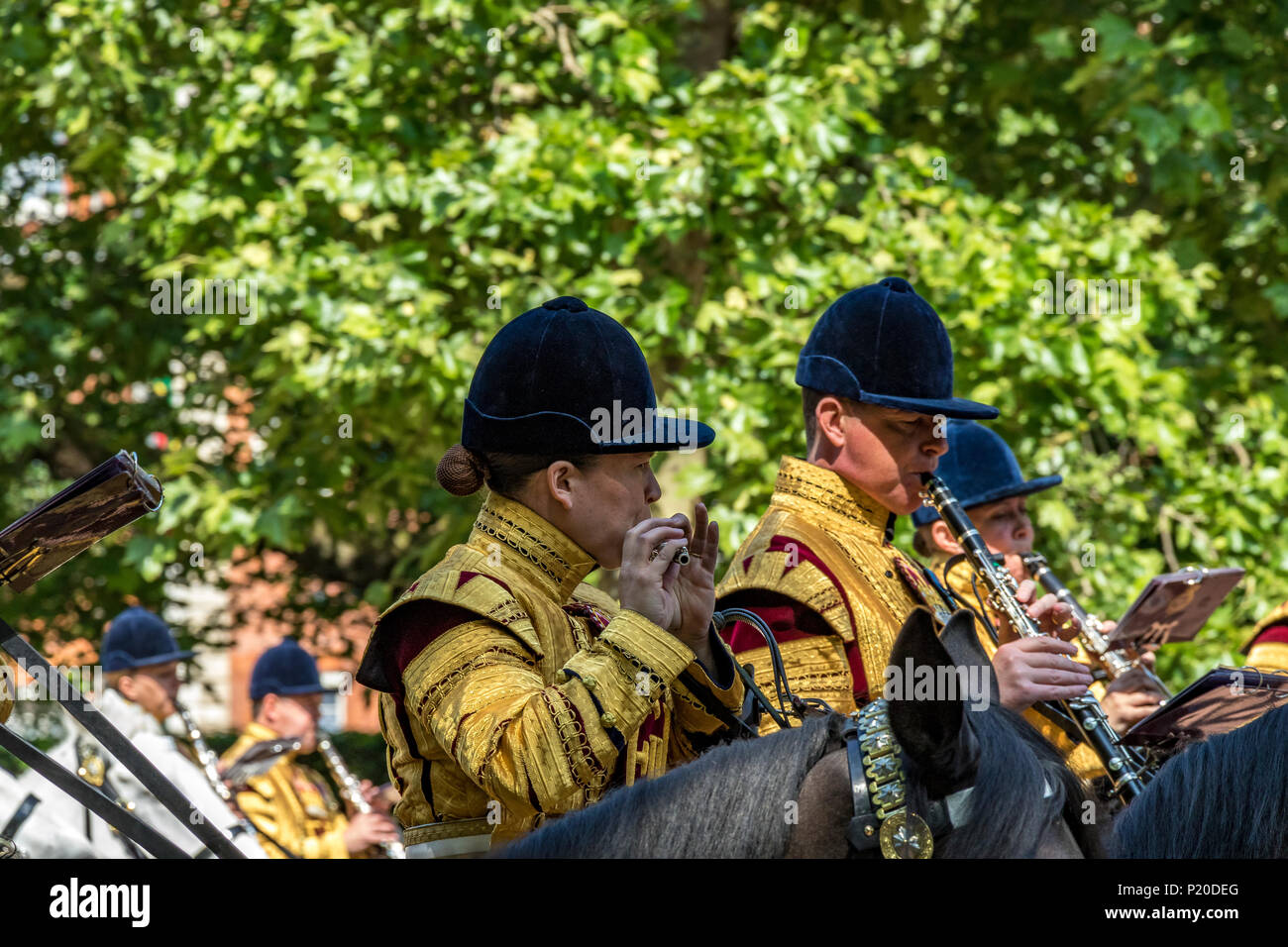 Musiciens de la bande de la Cavalerie de la maison à cheval, à Trooping The Color on the Mall, Londres, Royaume-Uni Banque D'Images