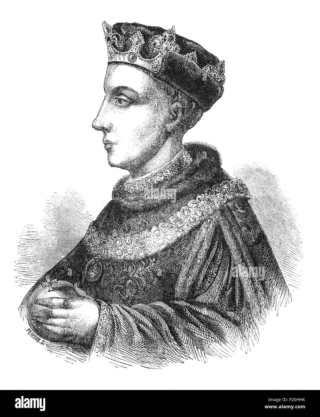 Un portrait d'Henry V (1386-1422), roi d'Angleterre à partir de 1413 jusqu'à sa mort à l'âge de 36 ans en 1422 et le second monarque de la Maison de Lancastre. Il est entré en conflit politique avec son père, Henry IV, dont la santé devient précaire et par conséquent commencé à se retirer des fonctions gouvernementales. En devenant roi, Henry V a affirmé l'anglais en attente de réclamations au trône français et en 1415, Henry s'est engagé dans la guerre avec la France dans le cadre de la guerre de Cent Ans (1337-1453) entre les deux nations. Banque D'Images
