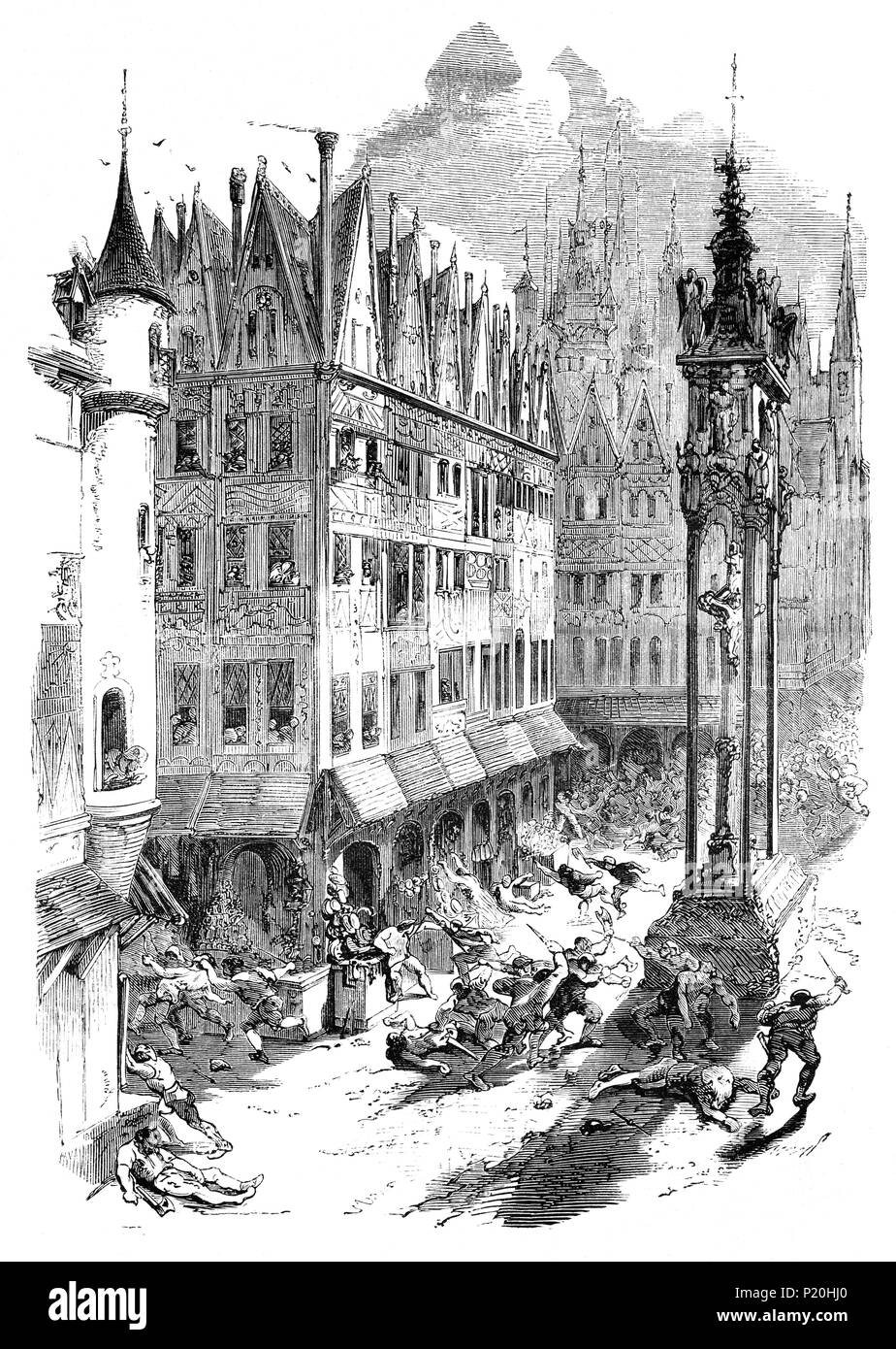 La révolte des Cabochiens est un épisode de la guerre civile entre Armagnacs et bourguignons au printemps de 1413. Jean Sans Peur, duc de Bourgogne est aligné avec les bouchers nommé "Cabochiens". Mobs séditieux, agressés Armagnac nobles, partisans et leurs propriétés et contrôlé à Paris pour quatre mois. Cependant, l'acvtions des Cabochiens et bourguignons créé le mécontentement de la population qui a commencé à s'élever contre eux. Une bataille s'est engagée dans la place de Gueve entre les bouchers et les charpentiers qui ce dernier a gagné. Banque D'Images