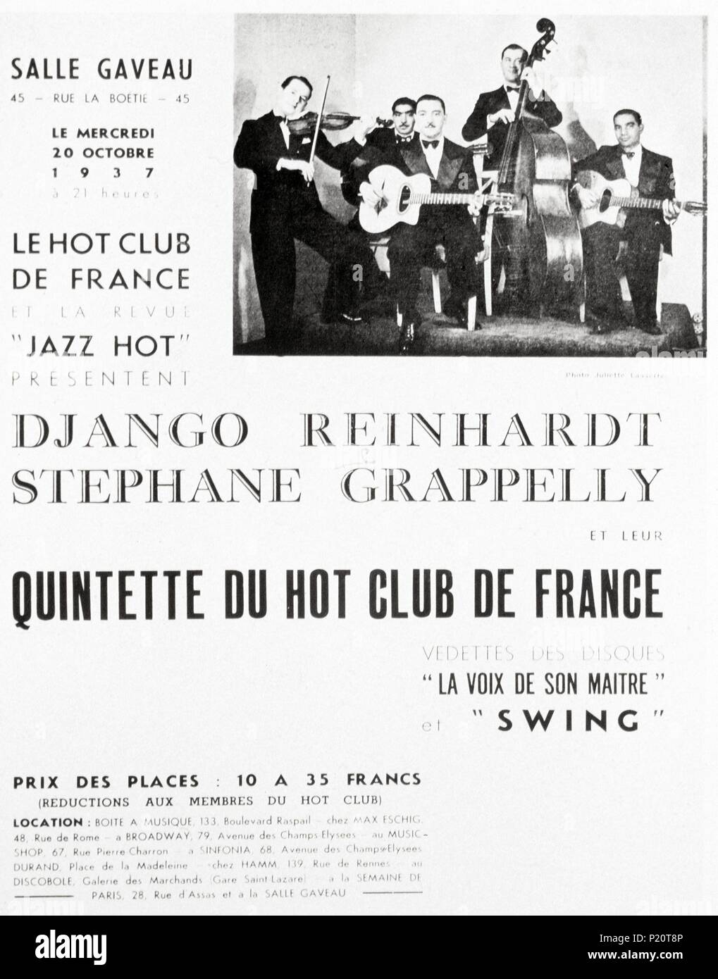 Publicité pour le Quintette Hot Club de Paris, France, 1937. Stéphane Grappelli (1908-1997) le violoniste de jazz français de premier plan en Europe pour le 'Jazz hot' dans les années 30, 1937. Banque D'Images