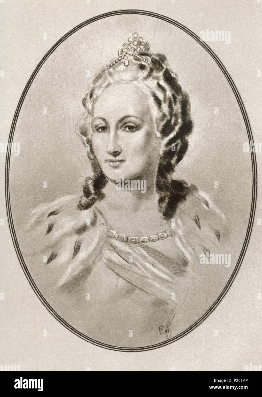 Catherine II, 1729 - 1796, alias Catherine la Grande. L'impératrice de Russie. Illustration par Gordon Ross, artiste et illustrateur américain (1873-1946), de la vie des dirigeants. Banque D'Images