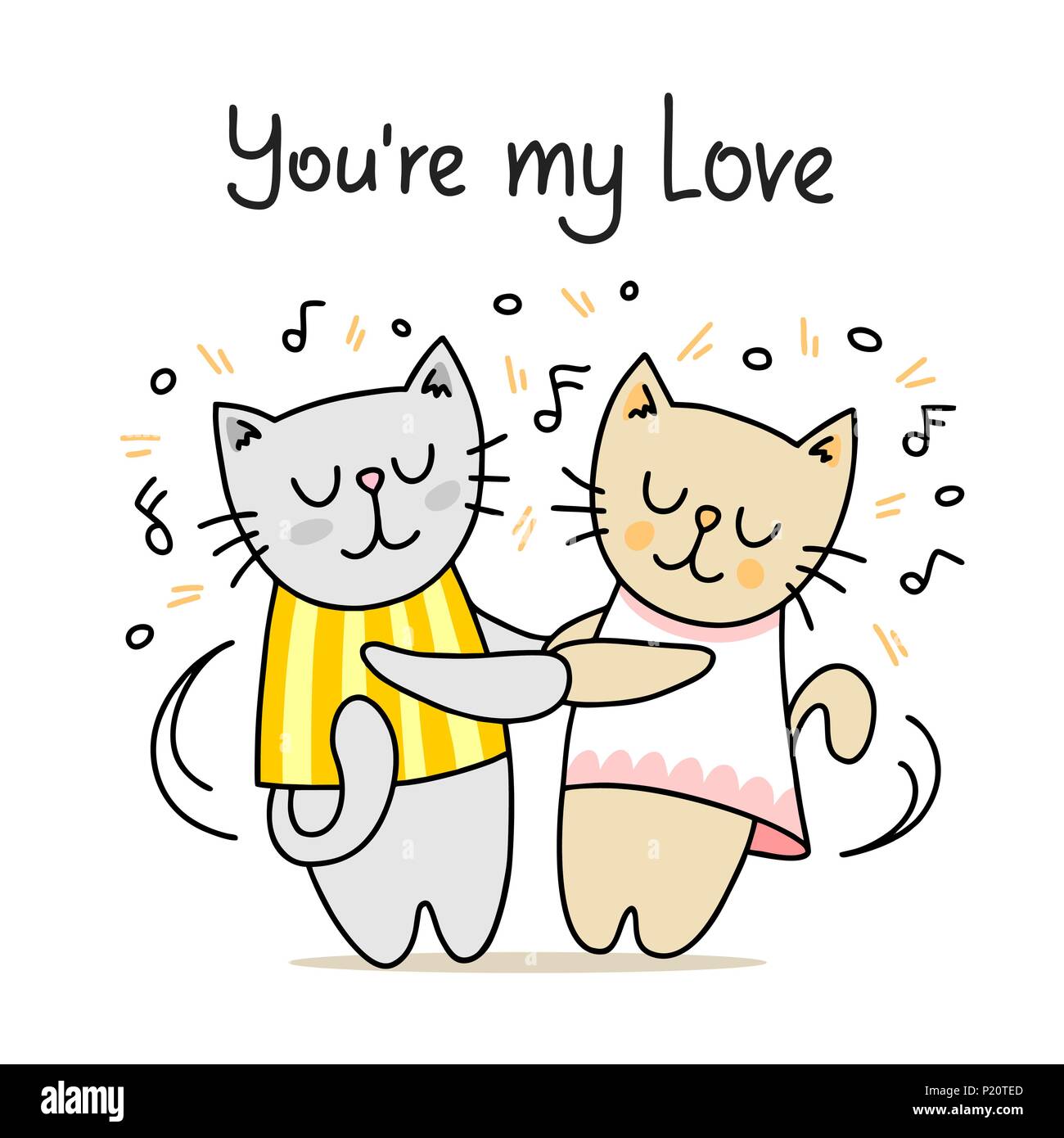 Couple de cute cats danse avec la musique classique. Vous êtes mon amour cartoon vector illustration animaux télévision Illustration de Vecteur