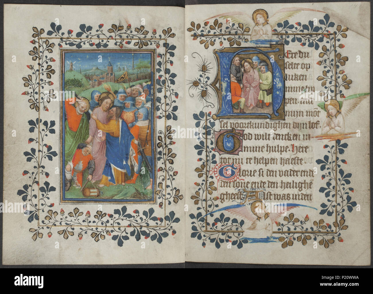 . Livre d'heures du maître de Zweder van Culemborg - KO 79 K 2 - Folios 070v (à gauche) et 071r (droite) . Folio 070v gauche et droite folio 071r à partir de la réserve d'heures par le maître(s) de Zweder van Culemborg Illuminations sur la gauche folio 070v La miniature pleine page montre l'Arrestation du Christ : le baiser de Judas ; l'oreille de Malchus coupé par saint Pierre le baiser de Judas : accompagné par des soldats avec des torches et des lanternes, il embrasse le christ (73D313) Peter tire son épée et coupe l'oreille de malchus (73D3541) Illuminations sur la droite du folio 071r initiale historiée montre l Banque D'Images